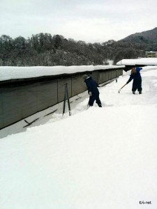 豚舎の屋根の雪下ろし