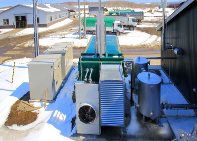 4、メタンガスは丸いタンクの脱流装置を通り、緑のコンテナ内の熱電併給装置（CHP)のエンジンに供給、左側キュービクルから変送電する。エンジンは1時間７０立方メートル程ガスを消費。