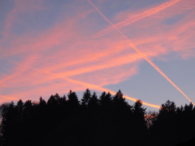 愛和館から見る、夕日に染まる飛行機雲