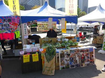 生産物とチラシと写真パネルでお店づくり