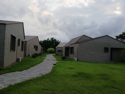 新しく建てた家や木の間から見える鶏舎の風景